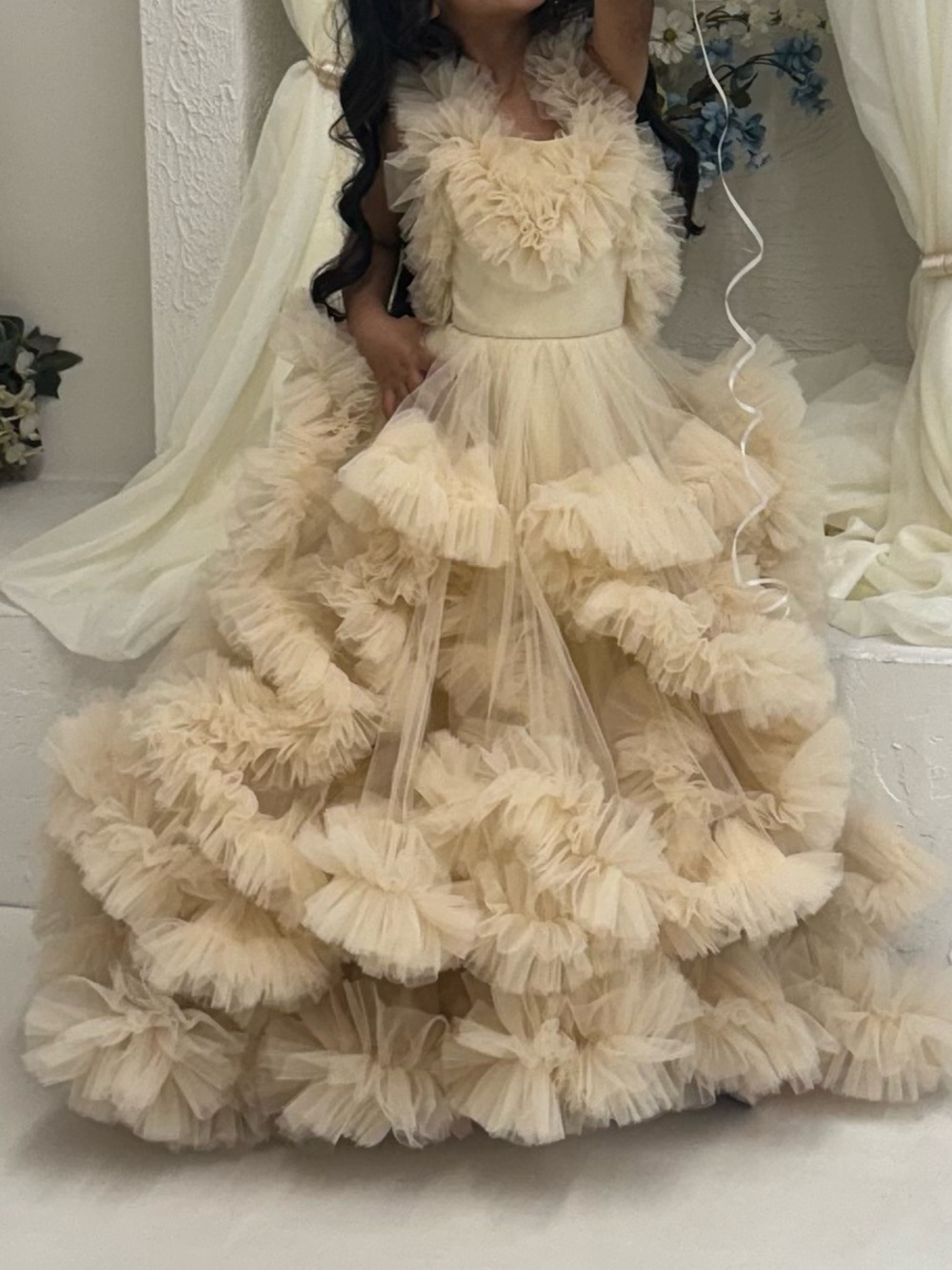 Cream Ruffled Tulle Girls' Party Dress